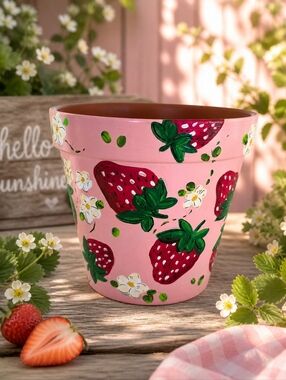 Hand-Painted Strawberry Terracotta Planter 🍓 6” Pot | Cottagecore Garden Decor